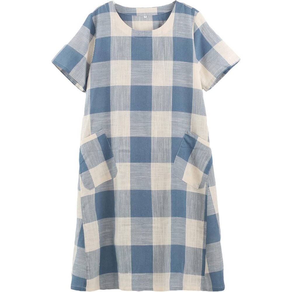 Women's Linen Shirt Dress Short Sleeve Gingham Casual Midi Summer Dress